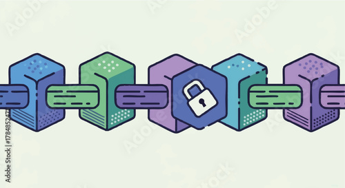 Vector illustration of a secure blockchain. Digital block chain concept with a padlock icon for data protection. Flat design for cryptocurrency and fintech technology