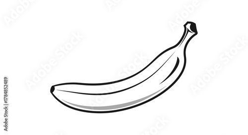 A simple black and white illustration of a single ripe banana with a curved shape and a stem.