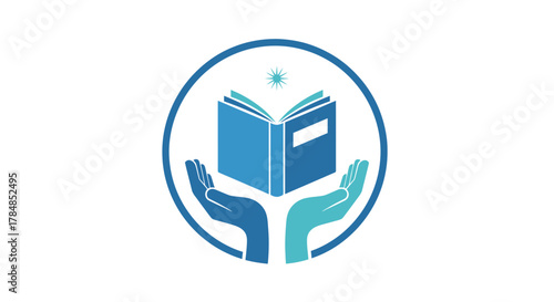 A blue open book held by two hands, one dark blue and one light blue, within a circular frame, symbolizing education, knowledge, and support.