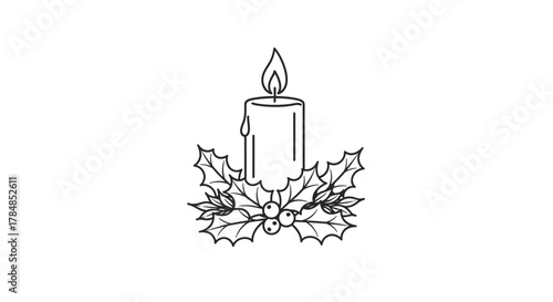A detailed black and white illustration of a lit candle surrounded by holly leaves and berries.