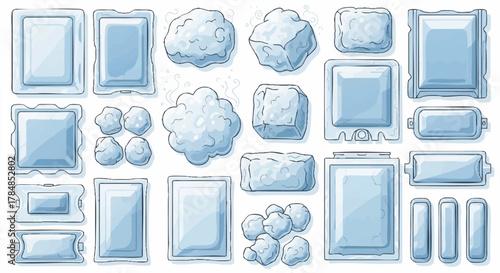 A set of cartoon ice packs, gel packs, and snowballs. Hand-drawn vector illustration of cold therapy elements. Isolated graphic collection for first aid and cooling concepts