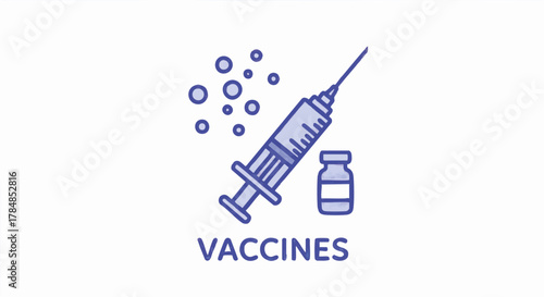 Vaccines icon with a syringe and medicine vial. Doodle style vector illustration for immunization and healthcare concepts