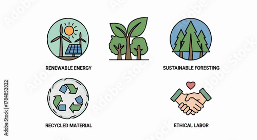A set of sustainability and ethical business icons. Vector illustrations for renewable energy, sustainable foresting, and fair labor concepts. Flat, hand-drawn style graphic elements.