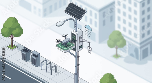 Isometric illustration of a smart city concept. Solar-powered lamppost with a drone charging station and IoT features. Future urban technology vector design