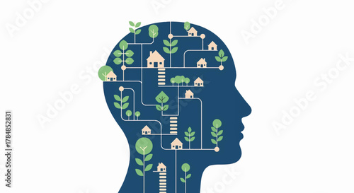Human head silhouette with an interconnected network of homes and nature. Concept of community, psychology, and sustainable living. Flat vector graphic