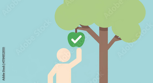Illustration of a person choosing an apple with a checkmark. Business concept for success, quality, and opportunity. Flat design vector graphic