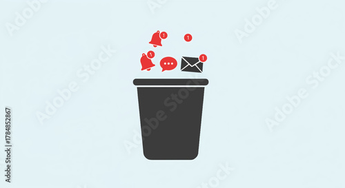 Notification icons being thrown in a trash can. Digital detox and information overload concept. Minimalist flat vector illustration