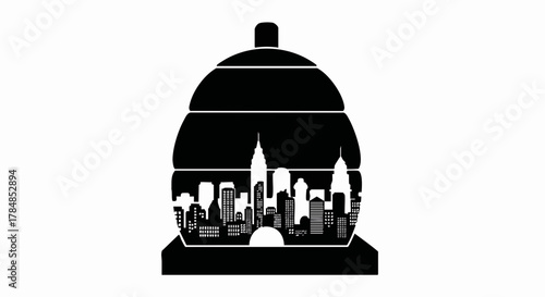 Restaurant cloche with a city skyline silhouette inside. Vector icon for urban dining and food service. Minimalist graphic logo design