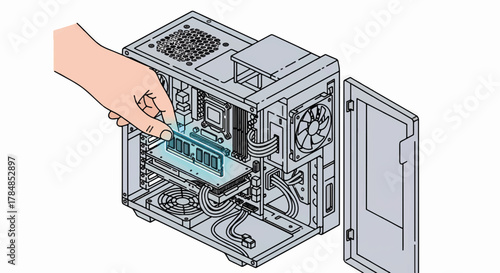 Isometric illustration of a hand installing RAM in a custom PC. Computer hardware upgrade and maintenance concept. Vector line art for a technical guide