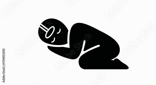 Minimalist glyph icon of a person sleeping. Simple black silhouette in a fetal position. Vector illustration for rest and relaxation concepts