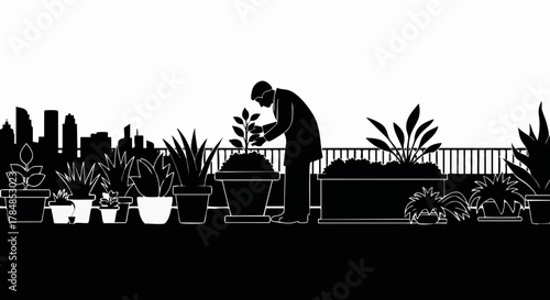 Silhouette of a person urban gardening on a rooftop. Minimalist black and white vector illustration with a city skyline. Green city and sustainable lifestyle concept