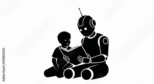 A robot reading a book to a child. Black and white silhouette vector illustration. AI in education and future learning concept