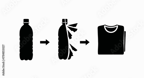 Recycling plastic bottles into t-shirts vector icon. Sustainable textile production process. Minimalist flat design infographic