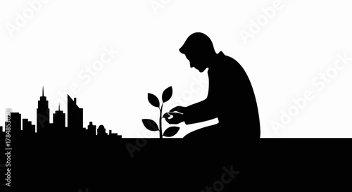 Conceptual silhouette of a person nurturing a plant against a city skyline. Vector illustration of urban greening and new beginnings. Minimalist graphic for sustainability and hope