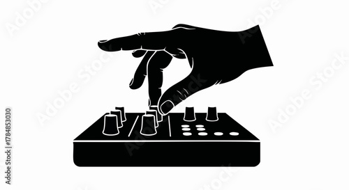 A DJ's hand adjusting a sound mixer knob. Black and white silhouette vector illustration. Music production and audio engineering icon