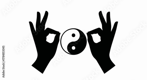 Yin Yang symbol with hands in a mudra gesture. Minimalist black and white silhouette icon. Spirituality and balance concept vector illustration