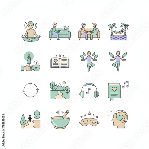 Mindfulness and Mental Wellness Icons Set – Balance, Therapy, Relaxation