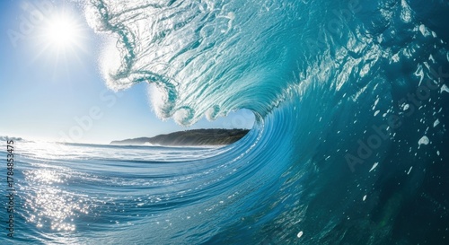 Fototapeta Naklejka Na Ścianę i Meble -  A powerful blue ocean wave curling into a perfect barrel. Bright summer sun shining over the sea. Concept of natural energy and dynamic force. Extreme water sports and adventure travel