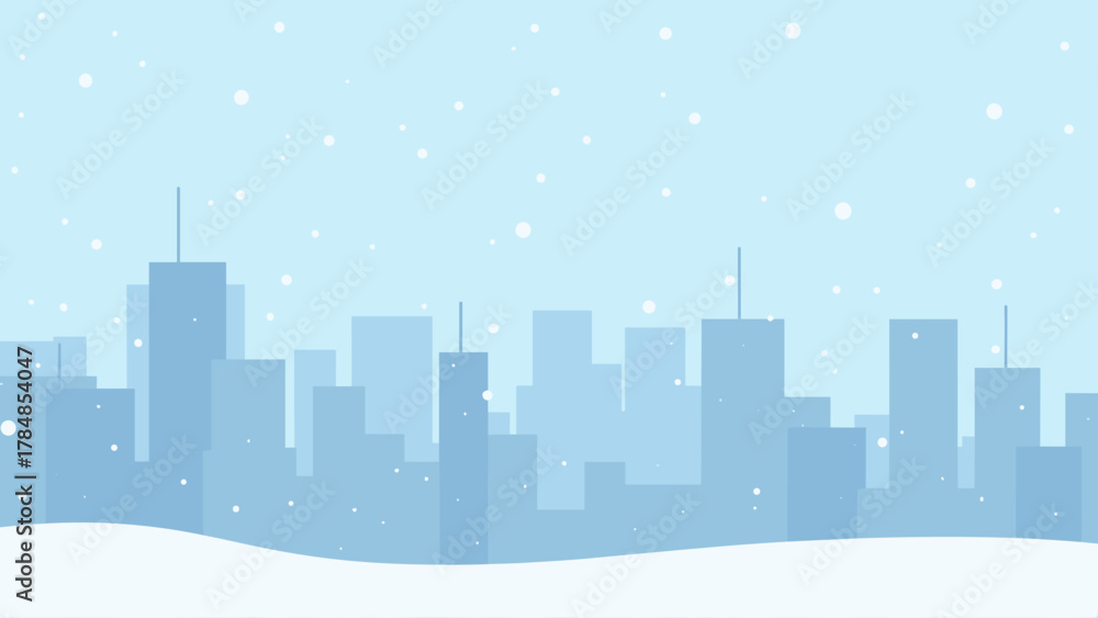 Naklejka premium snowy city streets — winter city skyline covered in snow, urban landscape illustration for Christmas and seasonal designs. Suitable for backgrounds, cards, and web headers.