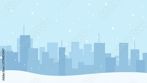 snowy city streets — winter city skyline covered in snow, urban landscape illustration for Christmas and seasonal designs. Suitable for backgrounds, cards, and web headers.