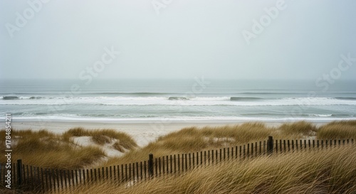 Fototapeta Naklejka Na Ścianę i Meble -  Serene coastal landscape on a foggy day. Sand dunes with dry grass and a wooden fence. Atmospheric ocean view for wellness and environmental concepts. Minimalist natural scenery