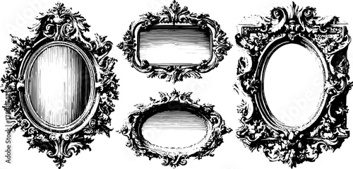 Decorative vintage frames in an ornate design. Highly detailed vector illustration set in black and white, featuring various elegant shapes.