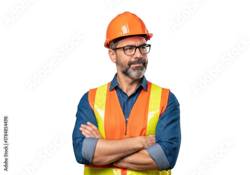 Mature bearded man wearing orange hard hat and reflective safety vest with arms crossed isolated on transparent background