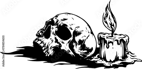 Vintage skull and candle illustration in black and white. Detailed line drawing in a unique vector set showcasing dark and macabre themes.