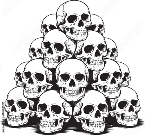 Pyramid of Human Skulls Black and White Illustration