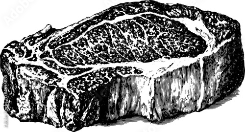 Vintage engraving of a beef steak in black outline, illustrating a detailed vector representation of a food item set for culinary art.