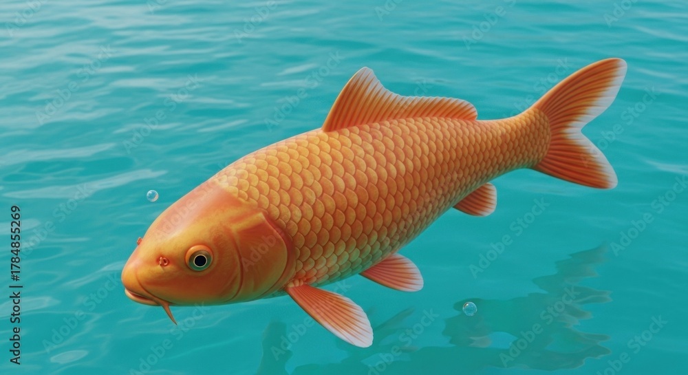 Naklejka premium Orange koi fish swims in clear, wavy, turquoise water with small bubbles