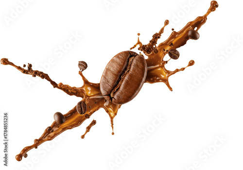oversized, glossy, roasted coffee bean exploding radially with arabica beans, espresso liquid streaks, and fine grounds, all suspended mid-air against a transparent background. concept for coffee