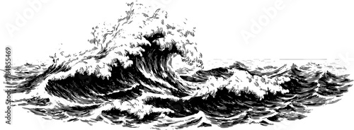 Vintage wave illustration in black and white, showcasing dynamic water movement. This illustration captures the ocean's beauty as a vector set.