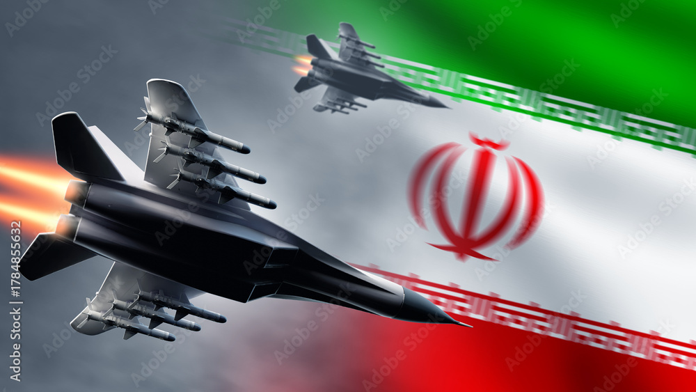 Obraz premium Fighter aircraft from Iran. Flag of people republic of Iran. Military aircraft with missiles. Iranian air force. UAVs for border protection. Fighter aircraft from Iran, bottom view. 3d image