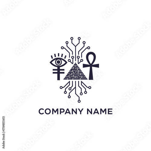 Abstract digital pyramid eye ankh circuit board logo design.