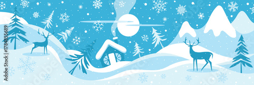 Papier peint Winter cartoon, vector illustration, stylized winter landscape, snowfall and sun