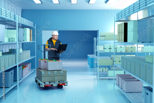 Worker in refrigerated food...