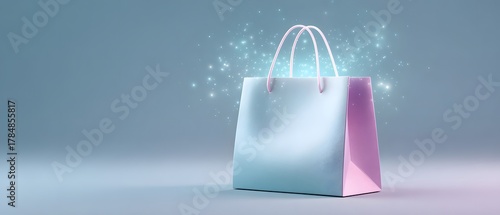 AI Ecommerce A magical shopping bag with sparkling elements against a soft background.