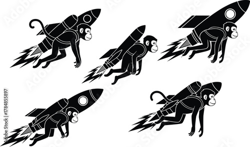 Group of cartoon monkeys flying with rocket jetpacks, whimsical aerospace adventure, futuristic technology concept, black and white cad drawing flat vector illustration
