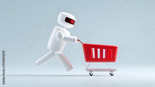 AI Ecommerce A robot character pushing a shopping cart against a light backdrop.