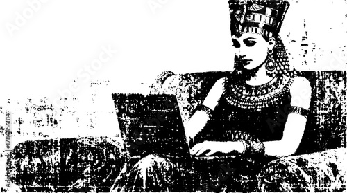 Woman as a pharaoh sitting with a laptop. Elegant black and white vector illustration showcasing traditional beauty with modern technology.