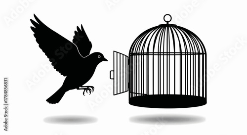 A bird flying out of an open birdcage silhouette. Freedom, liberation, and escape concept. Minimalist black and white vector illustration
