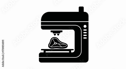 3D printer creating a steak glyph icon. Future of food and biotechnology concept. Minimalist vector illustration of cultured meat production