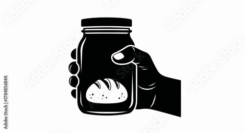 Hand holding a jar with bread inside icon. Black and white silhouette vector illustration. Food preservation and storage concept graphic