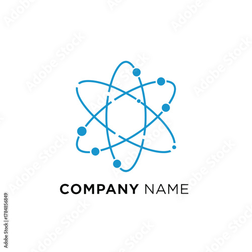 Blue atom logo representing scientific innovation and company branding.