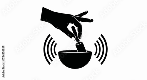 Sound healing icon with a singing bowl and hand. Mortar and pestle vector silhouette for meditation and wellness. Minimalist flat design graphic