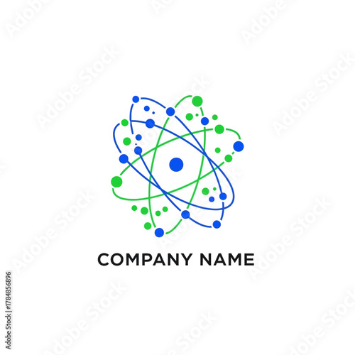 Atom logo design representing scientific innovation and technological advancement.