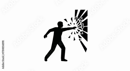 Silhouette of a man punching and breaking a barrier. Strength and breakthrough concept icon. Minimalist flat vector illustration