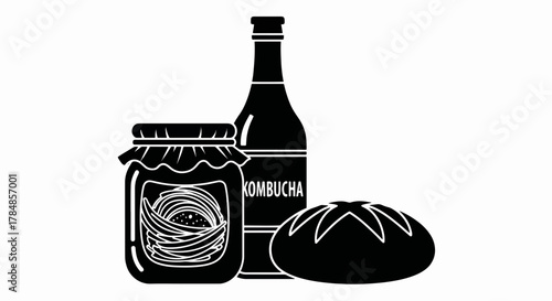 Fermented food and drink icon. Black and white silhouette of kombucha, sourdough bread, and a preserve jar. Vector illustration for probiotics and gut health
