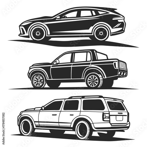 Collection of three stylized vehicle silhouettes including a coupe suv a pickup truck and a station wagon